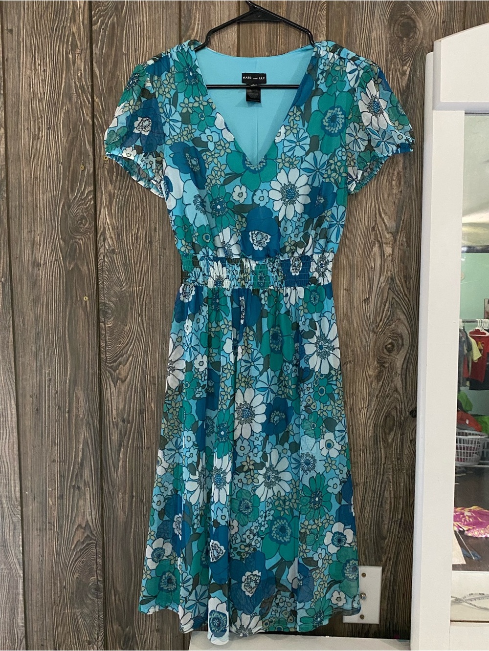Teal Floral V-Neck Midi Dress with Shirred Waist